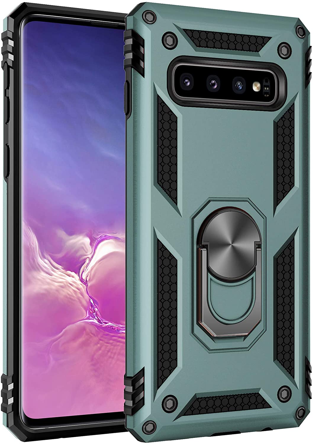 Samsung Galaxy S10 Plus Case,Military Armor 360 Unbreakable Swivel Ring Kickstand - Grey Green - e4cents
