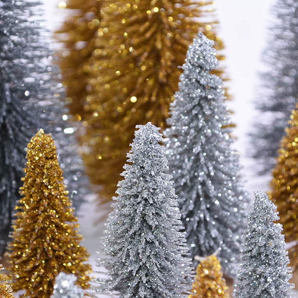 24 Pieces Artificial Mini Christmas Sisal Snow Frost Trees with Wood Base. - e4cents