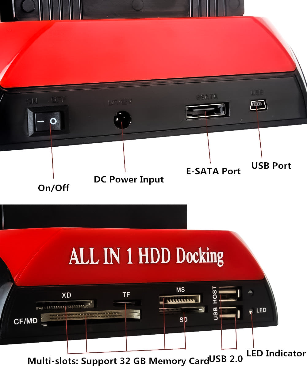 All in One HDD Docking, Kicpot 2.5"/3.5" IDE SATA HDD Docking Dock Station + One Touch Backup + Card Reader Hub (HDD Docking Station)   (LNC)