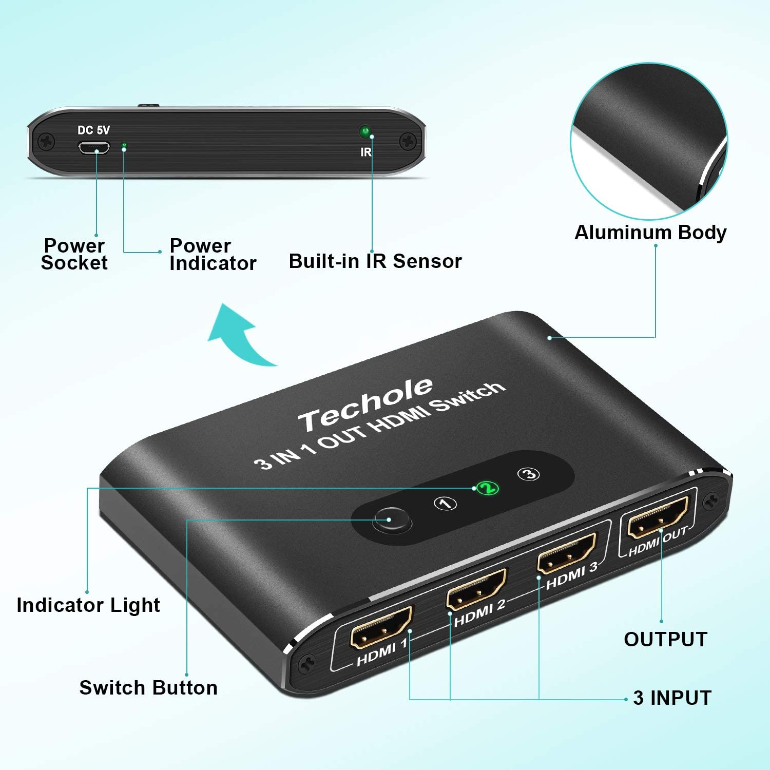 HDMI Switch 4k HDMI Splitter-Techole Aluminum HDMI Switch 3 in 1 Out with IR Remote Control - e4cents