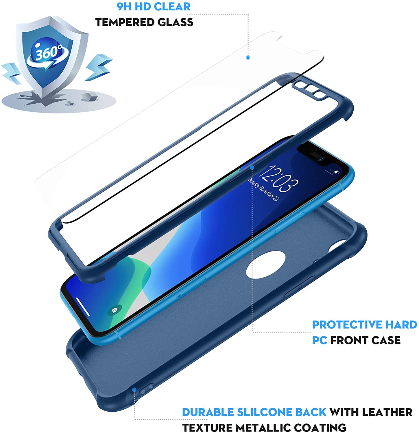 ORETECH Designed for iPhone XR Case, with[2 x Tempered Glass Screen Protector] - BLUE - e4cents