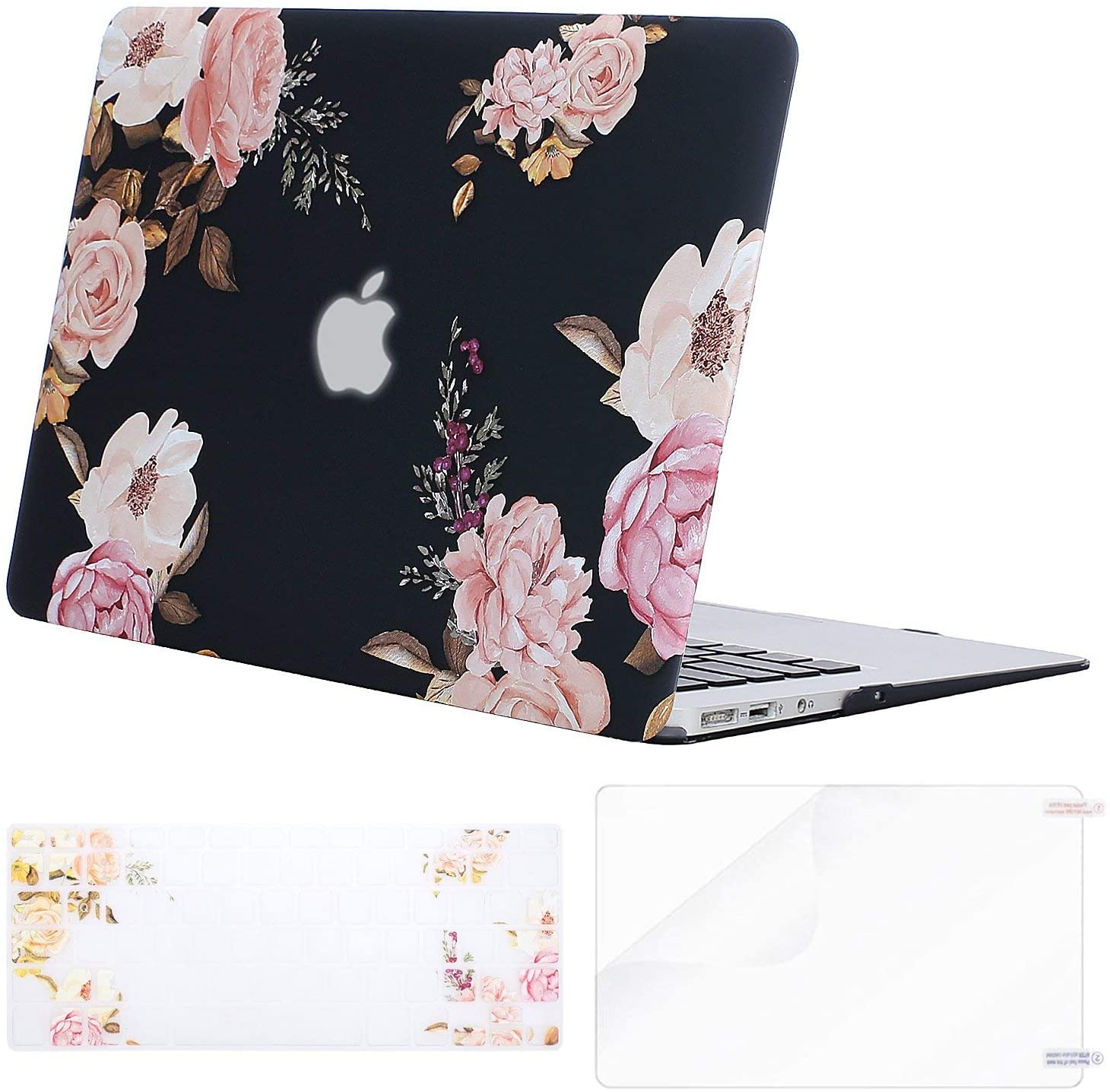 Black Floral -  MacBook Air 13 inch Case 2009 - 2017 Release. Hard case, keyborad & screen protector. - e4cents