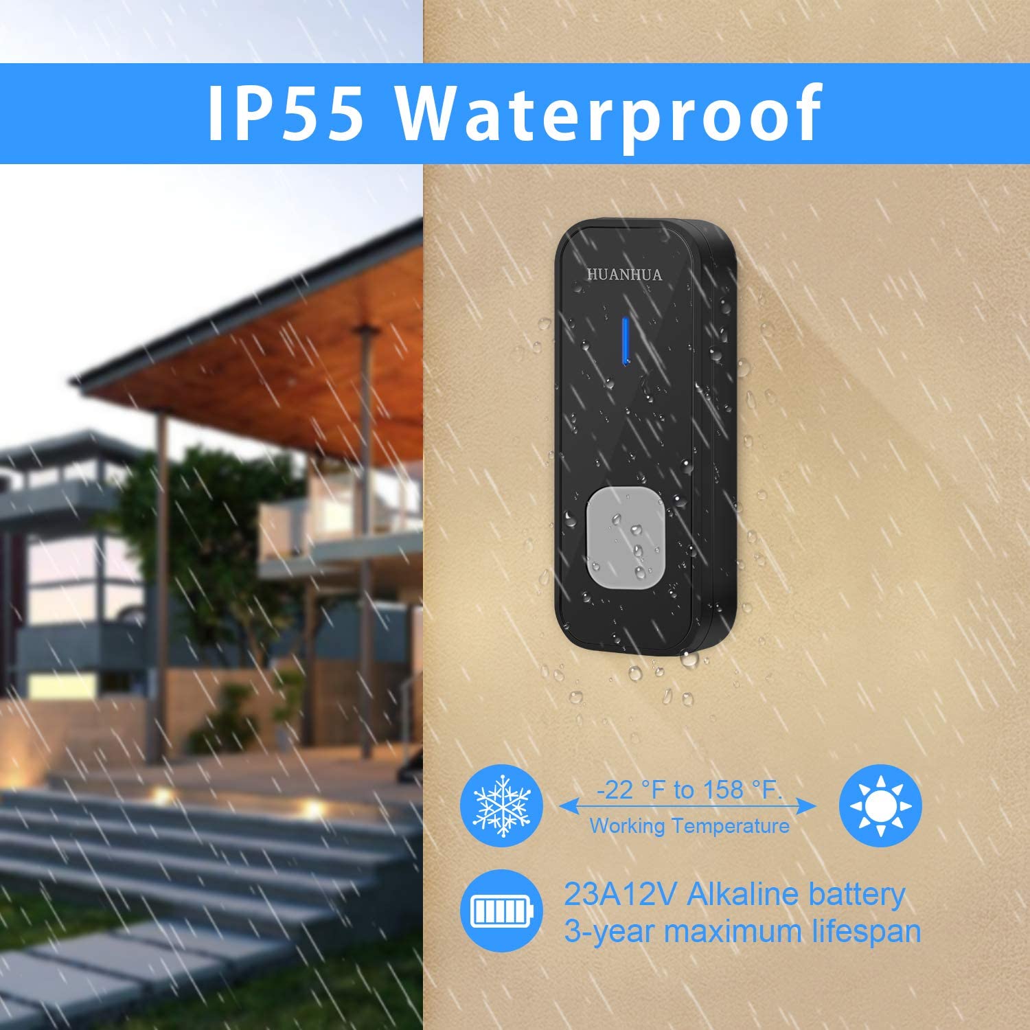 HUANHUA Wireless Doorbell Kit, 1-PC IP55 Waterproof Push Button with 1000Ft Operating Range - e4cents