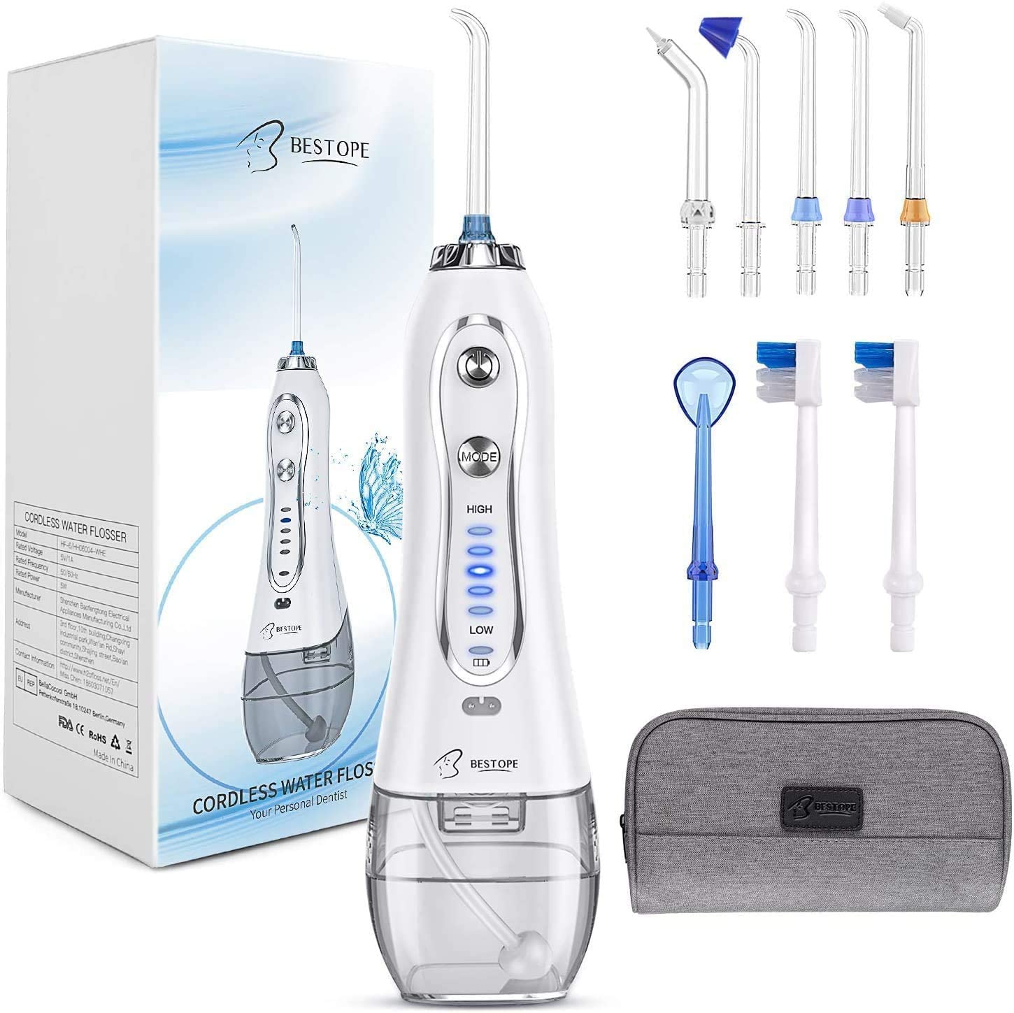 BESTOPE Water Oral Flosser 300ML 5 Modes & 8 Jet Tips. - e4cents