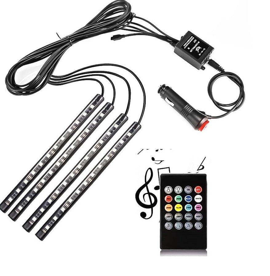 FREE 4 Pieces DC 12V Multicolor Car Interior Music Light LED Underdash Lighting Kit with Sound Active Function and Wireless Remote Control Including Car Charger.  (LNC)