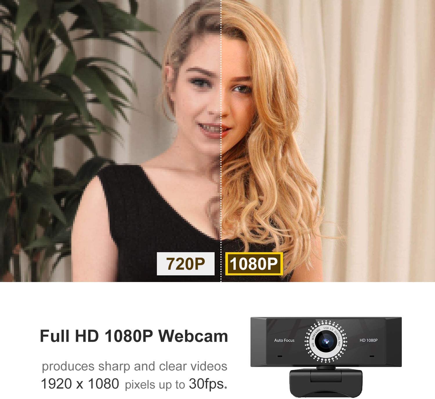 AutoFocus Full HD Webcam 1080P with Microphone, HD 1080P Webcam with Microphone for Desktop, Laptop, MAC, USB - e4cents