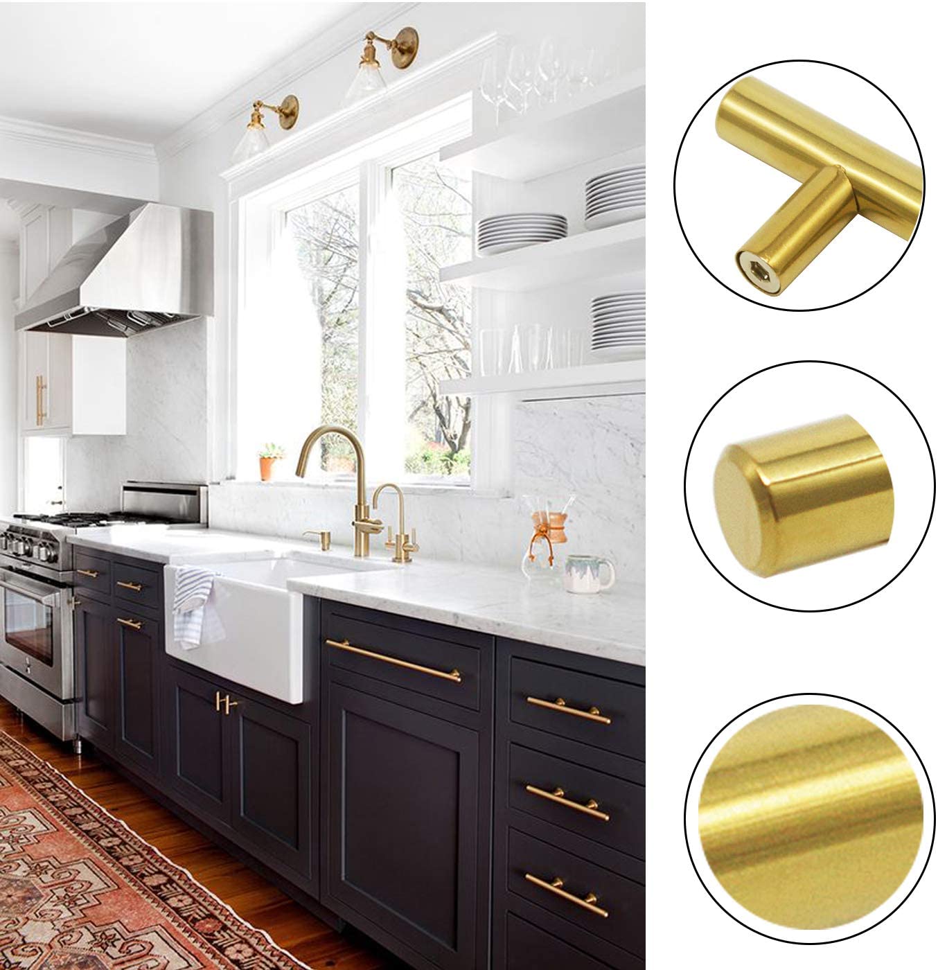 Single Hole T Bar Cabinet Knobs 5 Pack Gold Kitchen Handles Brushed Brass Cupboard Drawer Pulls 50mm/2" Overall Length. - e4cents