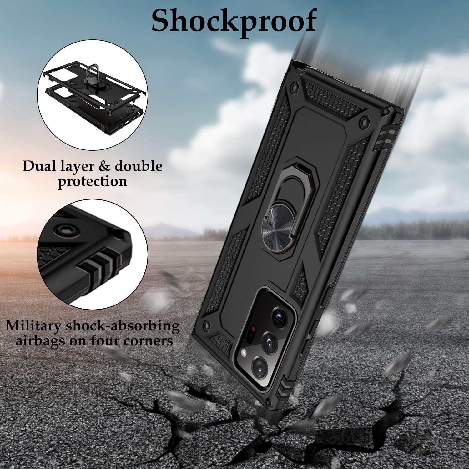 Rugged Shockproof Heavy Duty Military Phone Case Cover for Men Women [Support Magnetic Car Mount], Black - e4cents