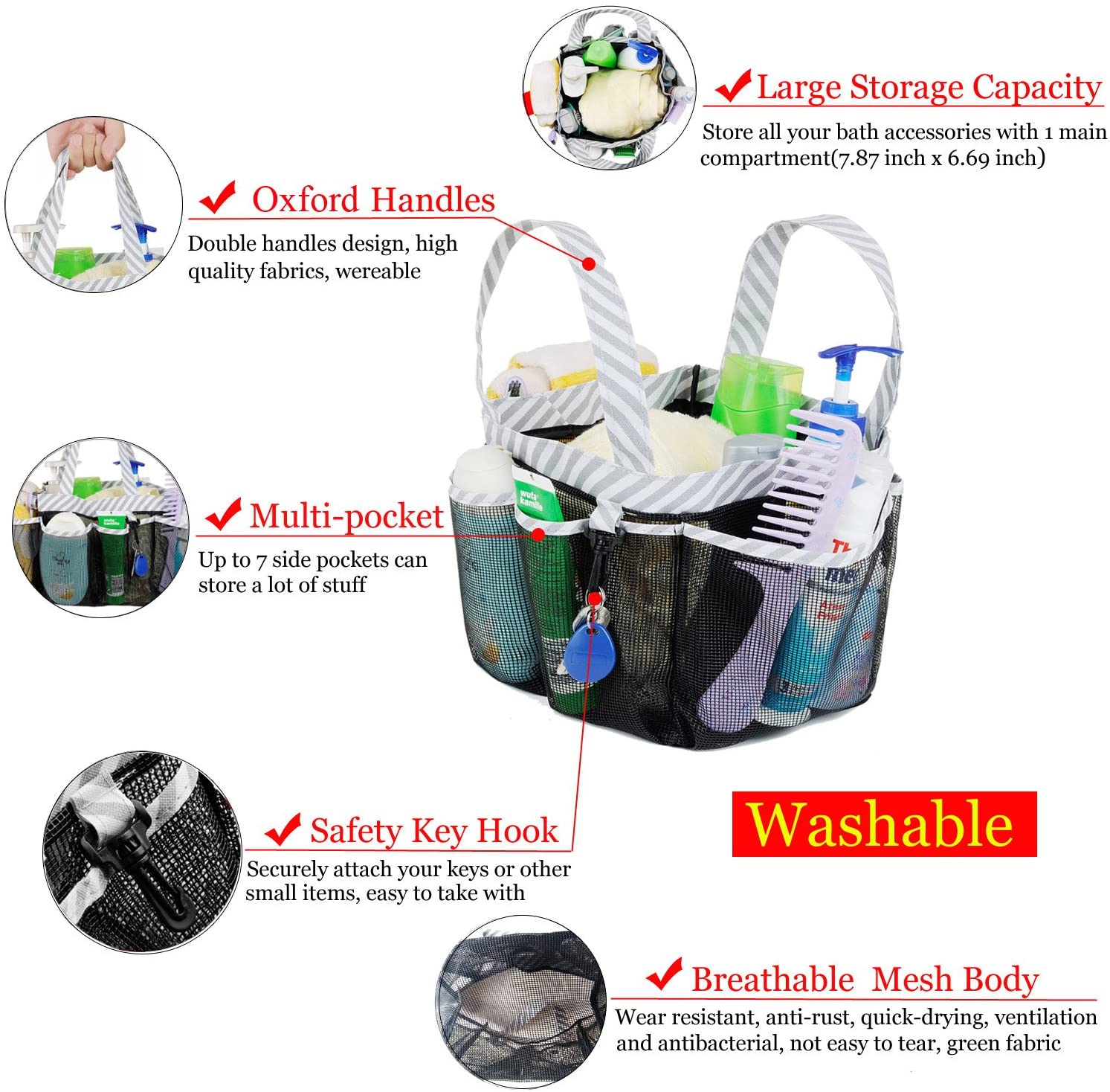 Haundry Mesh Shower Caddy Tote, Large College Dorm Bathroom Caddy Organizer with Key Hook and 2 Oxford Handles - e4cents