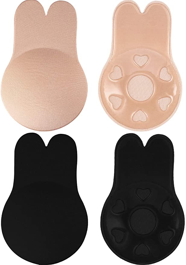 Adhesive Sticky Bra 2 Pairs Push Up Lift Nipple Covers Strapless Invisible Backless Bras Plunge Reusable Covers Rabbit Ear - e4cents