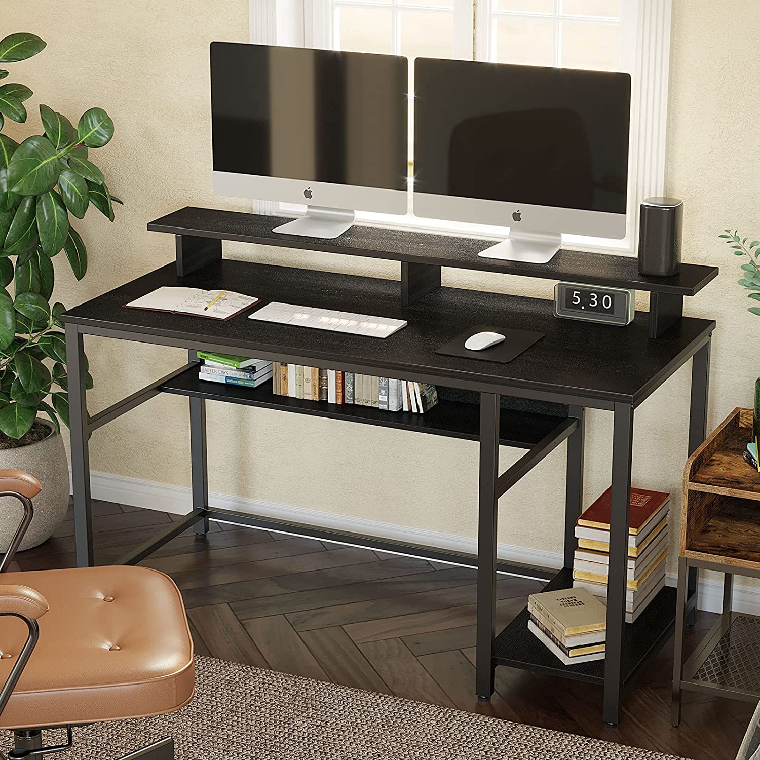 Rolanstar Black Computer Desk, 55" Office Desk with 2 Storage Shelves (NC)