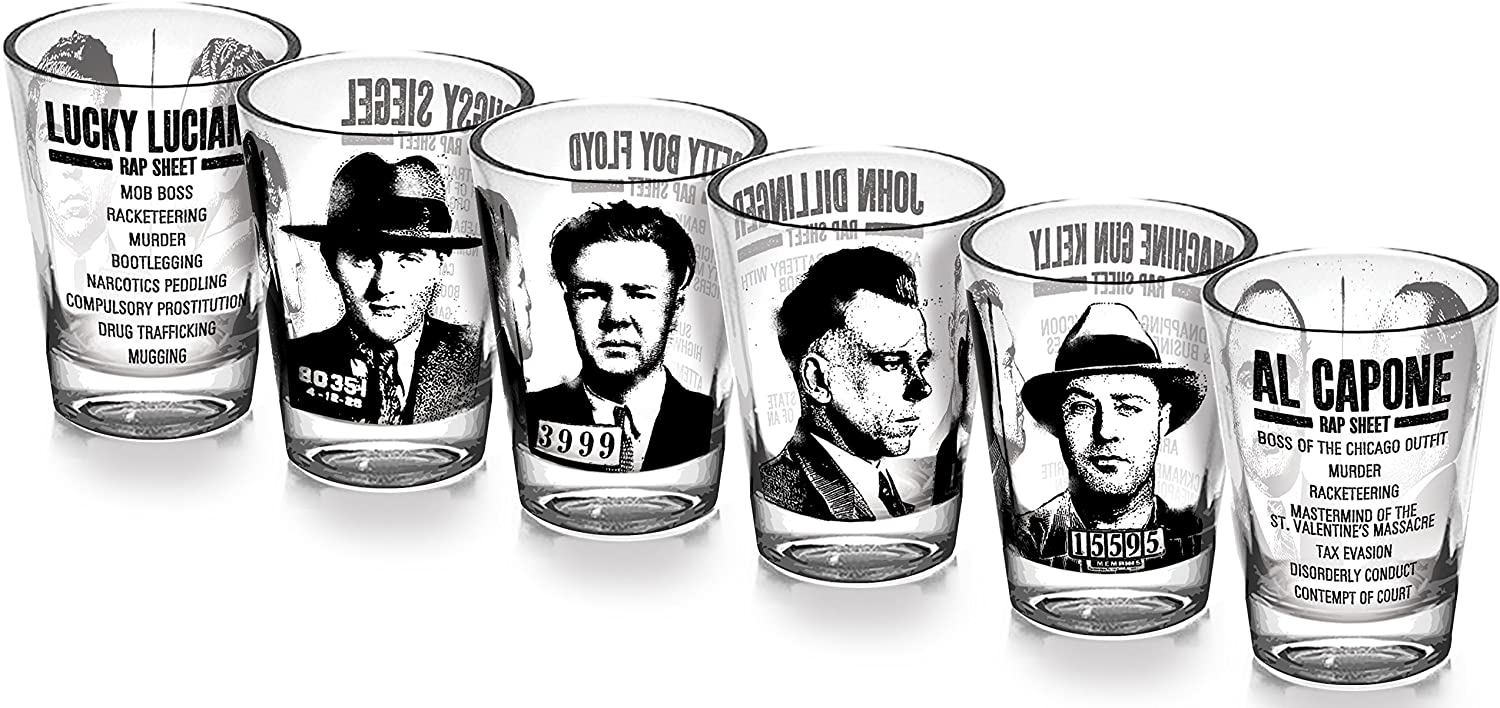 Mug Shots - 6 Piece Shot Glass Set of Famous Gangster Mugshots - Comes in a Colorful Gift Box - e4cents