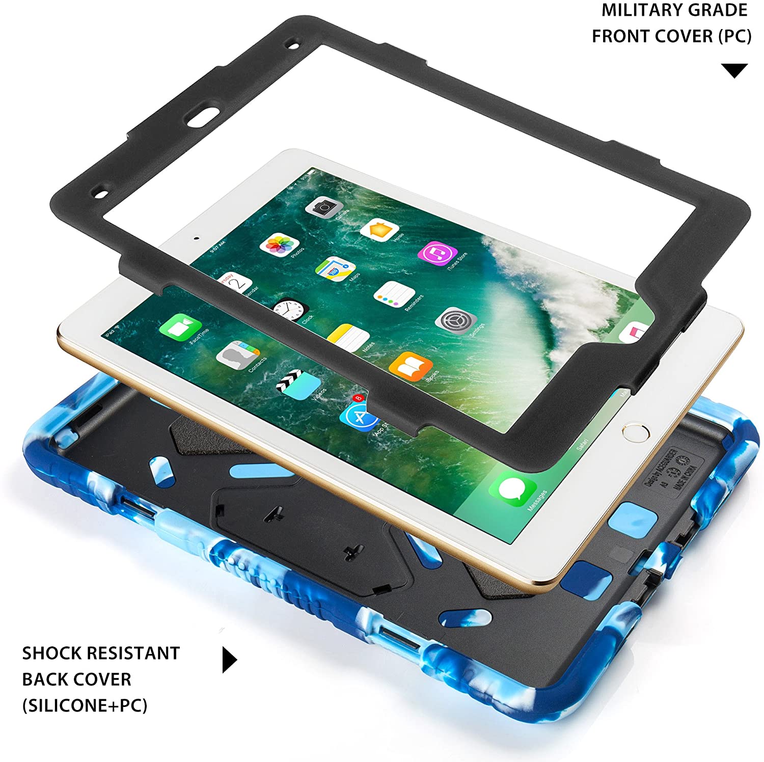 iPad Case for 9.7 2018/2017 iPad 6th/5th Generation Case iPad Air 2 Case with Adjustable Kickstand Hybrid Three Layer Heavy Duty Kids Case with Shockproof for iPad Pro 9.7(Navy/Black) - e4cen