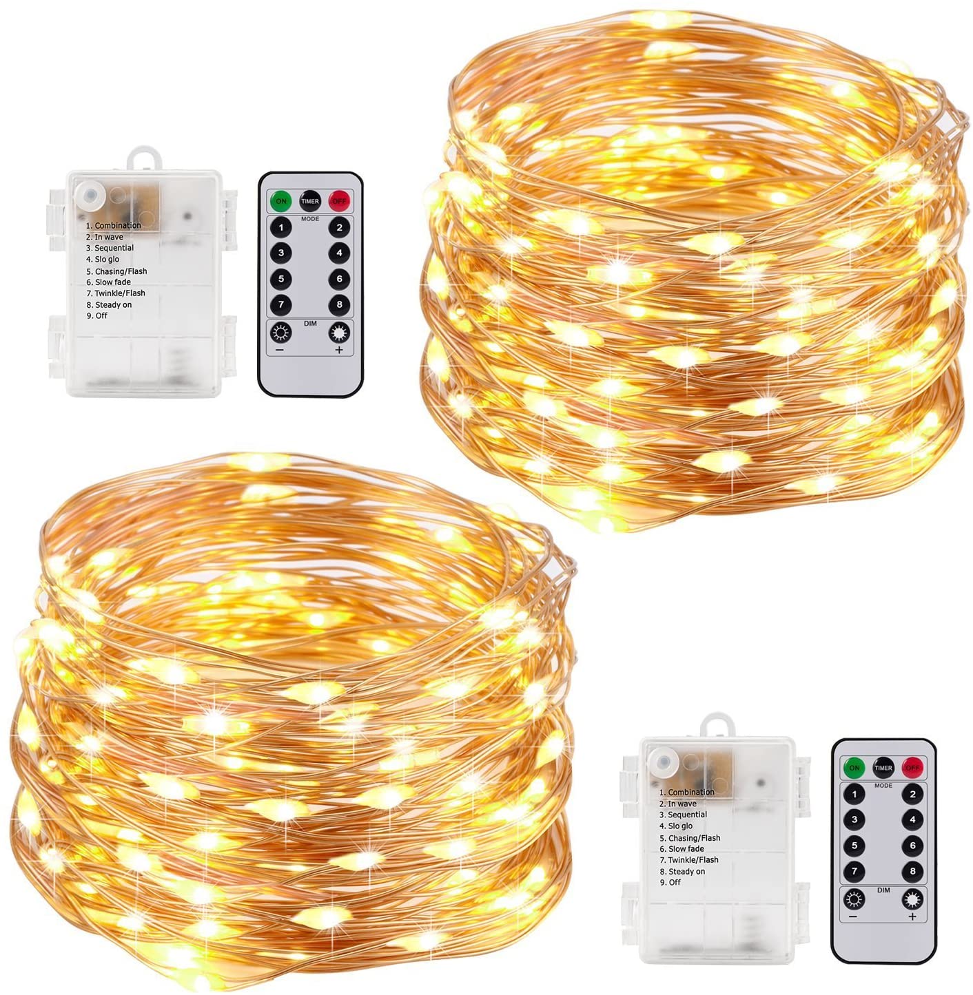 Waterproof Fairy Lights 8 Modes 33ft 100LED Copper Wire Starry String Lights Battery Operated with Remote Timer for Indoor Bedroom Wedding Festival Decor, Warm White(2 Pack) - e4cents