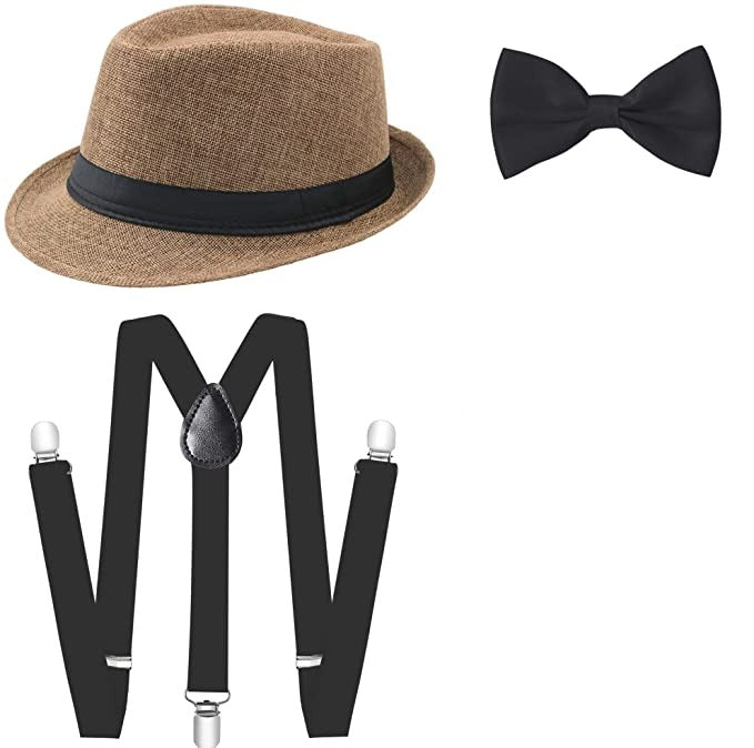 Men's 1920s Gatsby gangster Fedora hat style set.