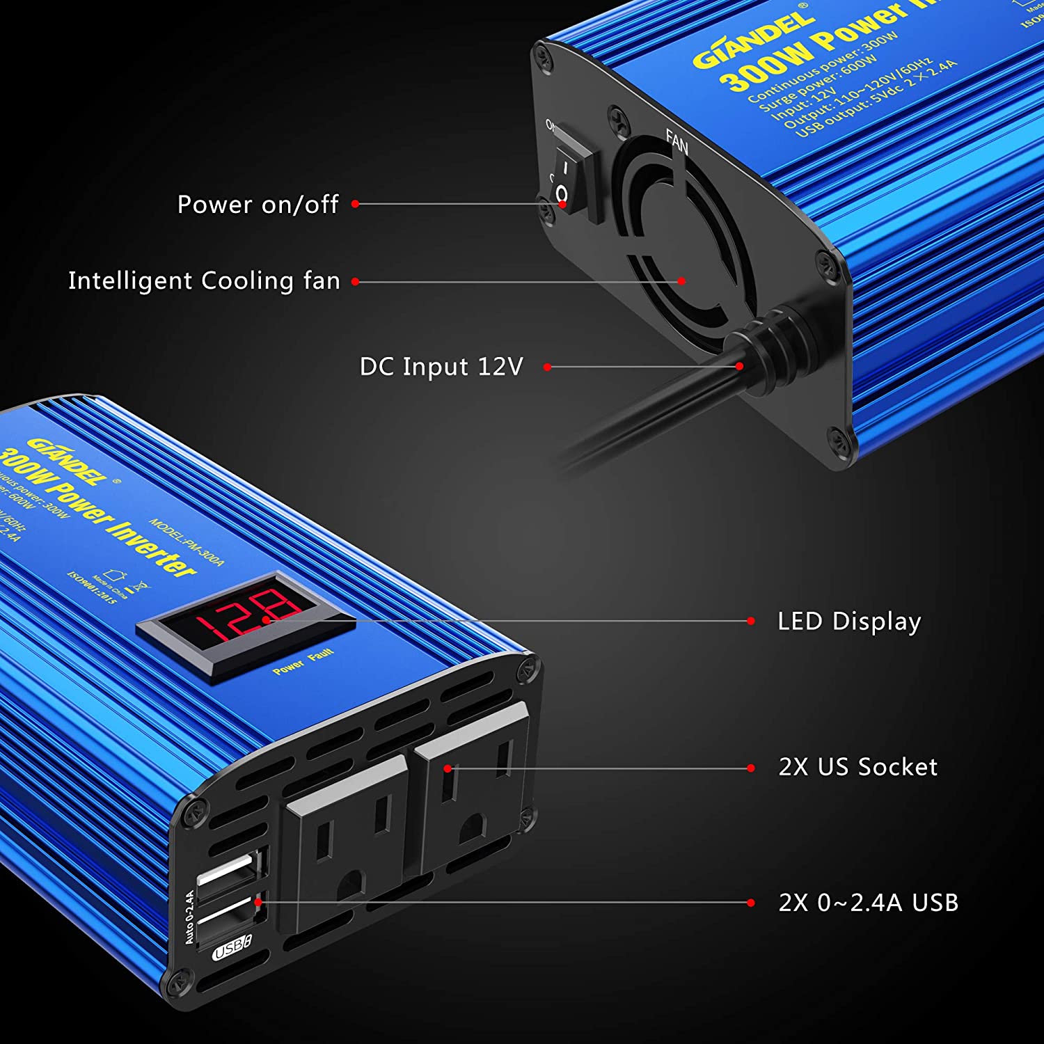 Power Inverter 300W DC 12V to AC 110V Car Converter Adapter with LED Display & 2.4A Dual USB Ports - e4cents