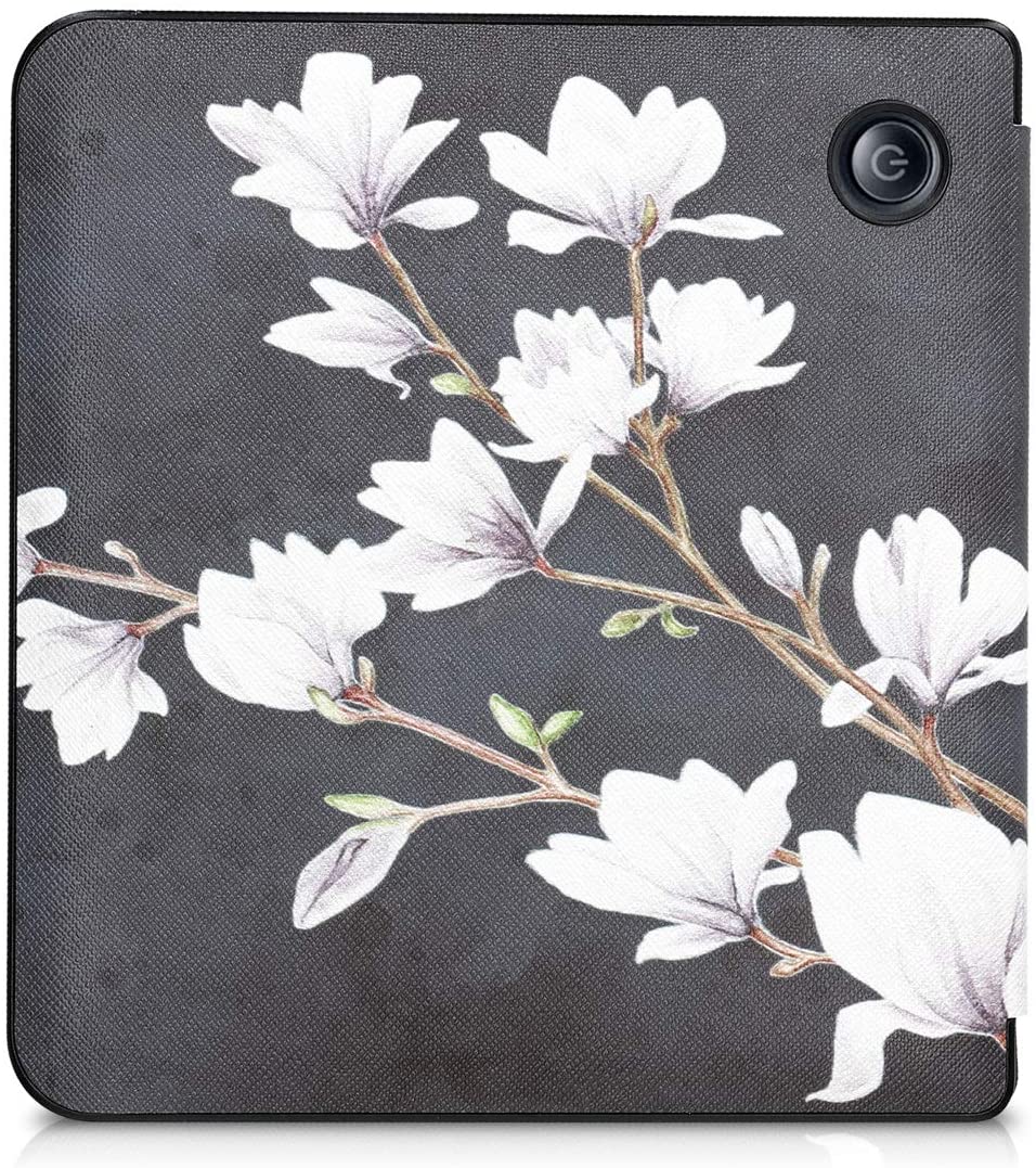 kwmobile Case Compatible with Kobo Libra H2O - PU e-Reader Cover - Magnolias Taupe/White/Dark Grey - e4cents