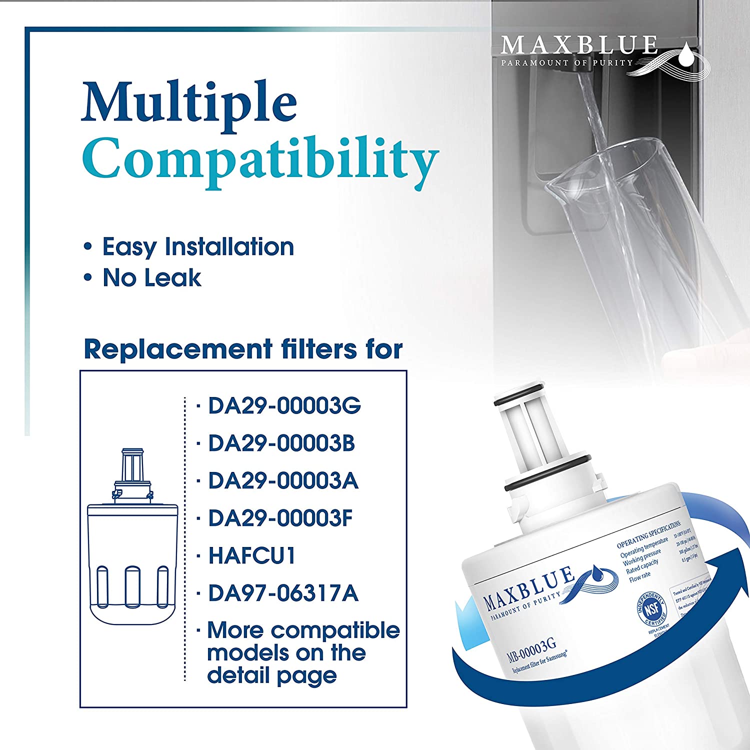 Maxblue DA29-00003G Refrigerator Water Filter, Replacement for Samsung DA29-00003G, DA29-00003B, RSG257AARS, RFG237AARS, DA29-00003F, HAFCU1, RFG297AARS, WSS-1, WFC2201, 3 Filters.
