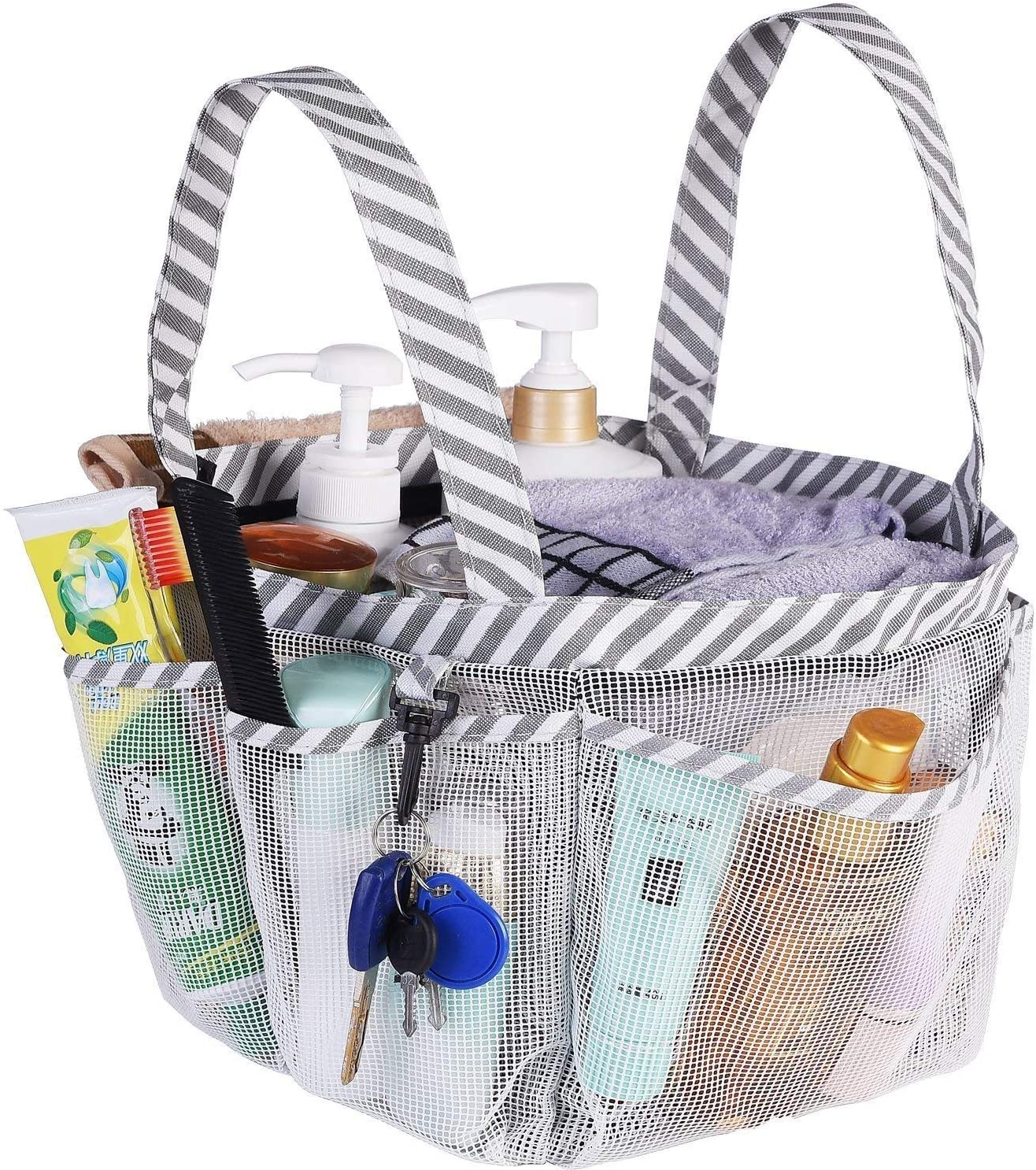 Haundry Mesh Shower Caddy Tote, Large College Dorm Bathroom Caddy Organizer with Key Hook and 2 Oxford Handles - e4cents