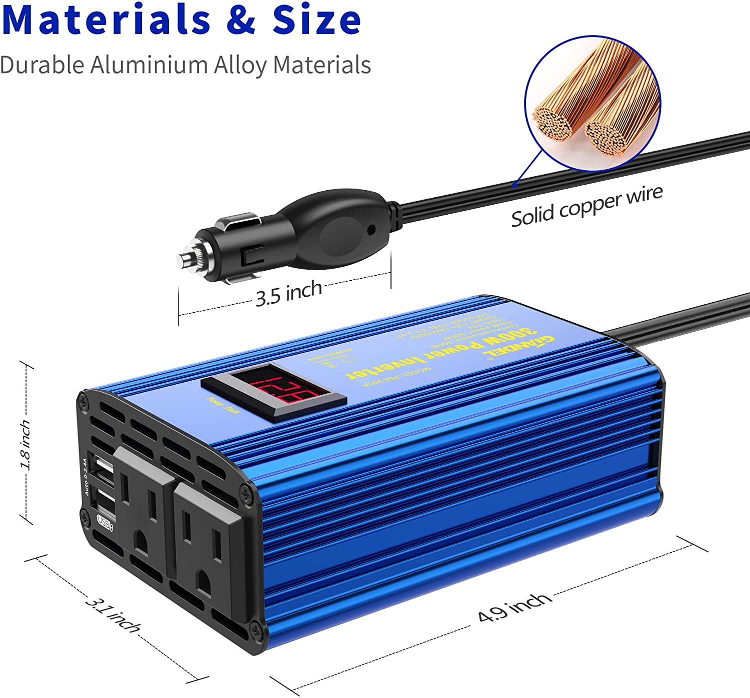 Power Inverter 300W DC 12V to AC 110V Car Converter Adapter with LED Display & 2.4A Dual USB Ports - e4cents