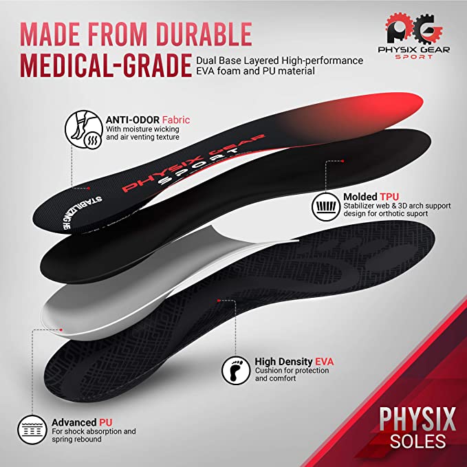 Physix Gear Sport Full Length Orthotic Inserts with Arch Support - Best Shock Absorption & Cushioning Insoles for Plantar Fasciitis, Running, Flat Feet, Heel Spurs & Foot Pain - for Men & Wom