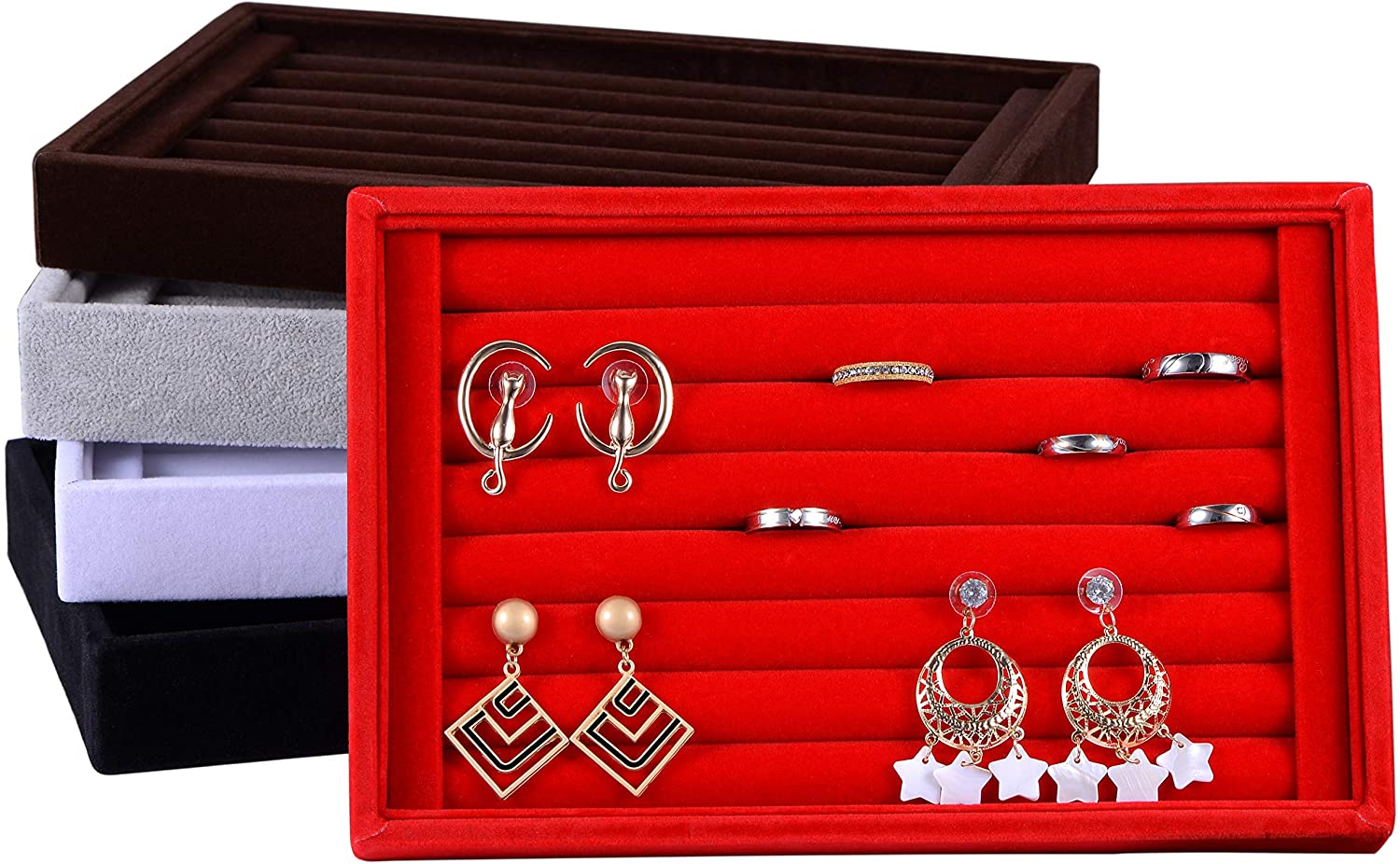 Velvet 7 Slots Ring Earrings Trays Showcase Display Jewelry Organizer (Black). - e4cents