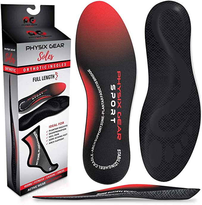 Physix Gear Sport Full Length Orthotic Inserts with Arch Support - Best Shock Absorption & Cushioning Insoles for Plantar Fasciitis, Running, Flat Feet, Heel Spurs & Foot Pain - for Men & Wom