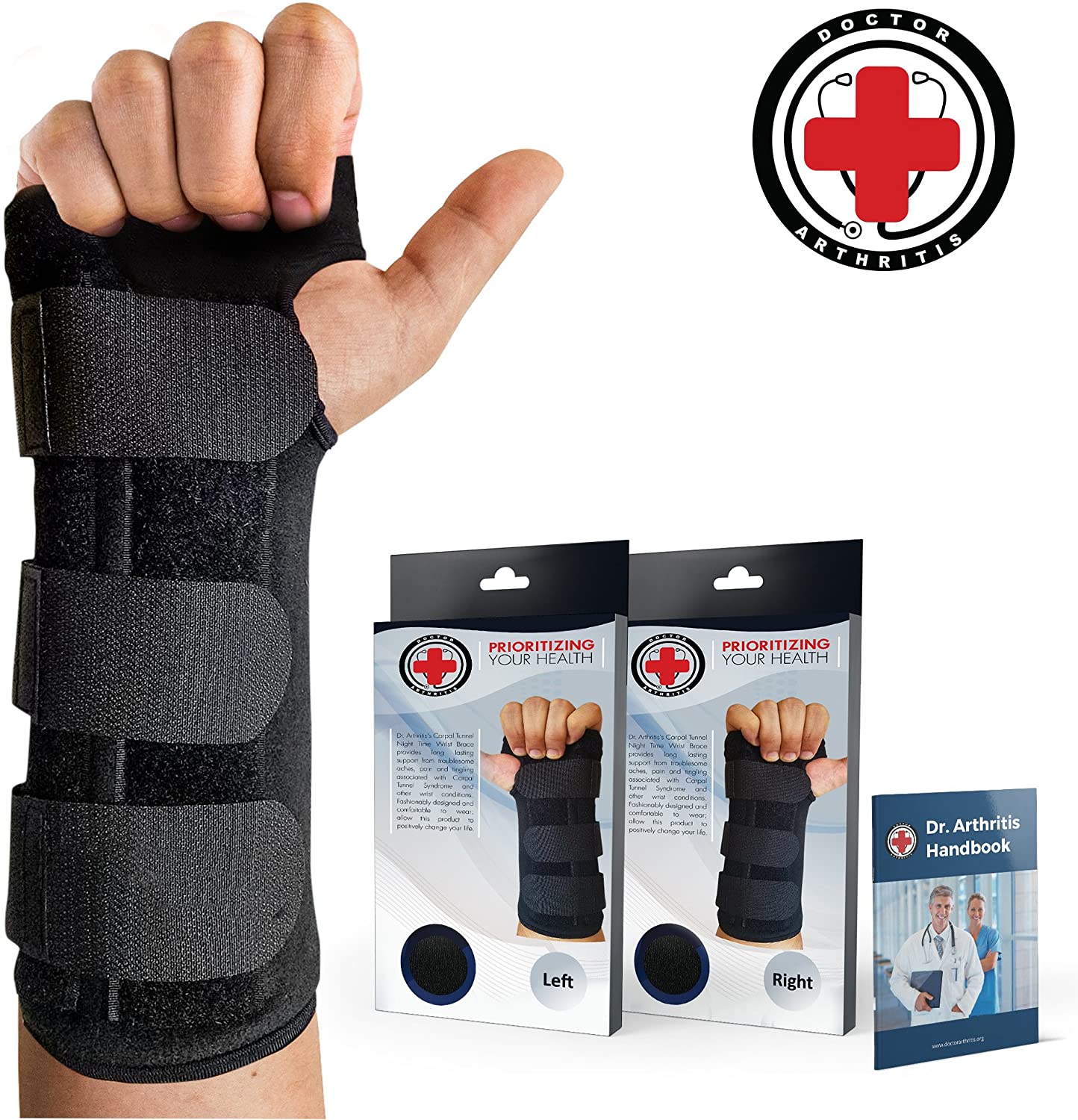 Doctor Developed Carpal Tunnel Night Wrist Brace & Wrist Support [Single] (with Splint) & Doctor Written Handbook - Fully Adjustable to Fit Any Hand (Right) - e4cents