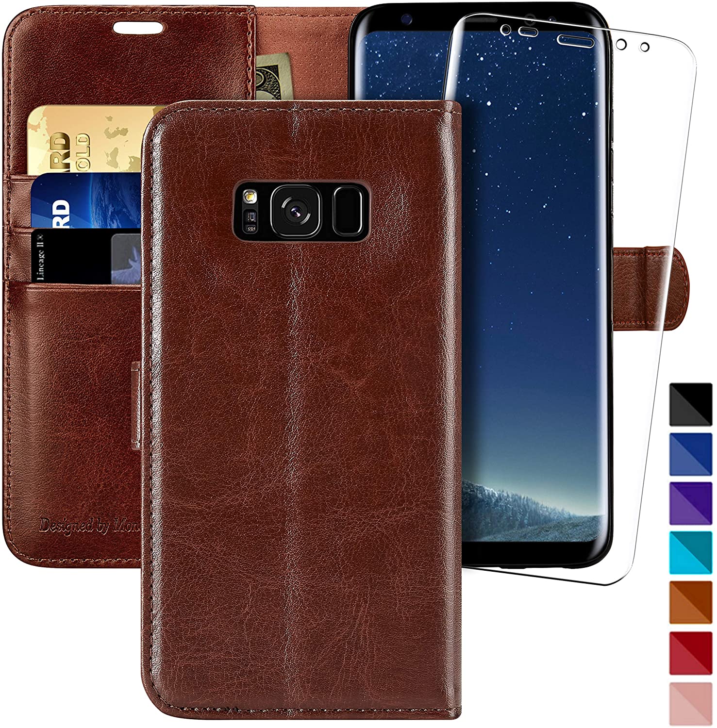 Flip Folio Leather Cell Phone Cover with Credit Card Holder for Samsung Galaxy S8 - BROWN - e4cents