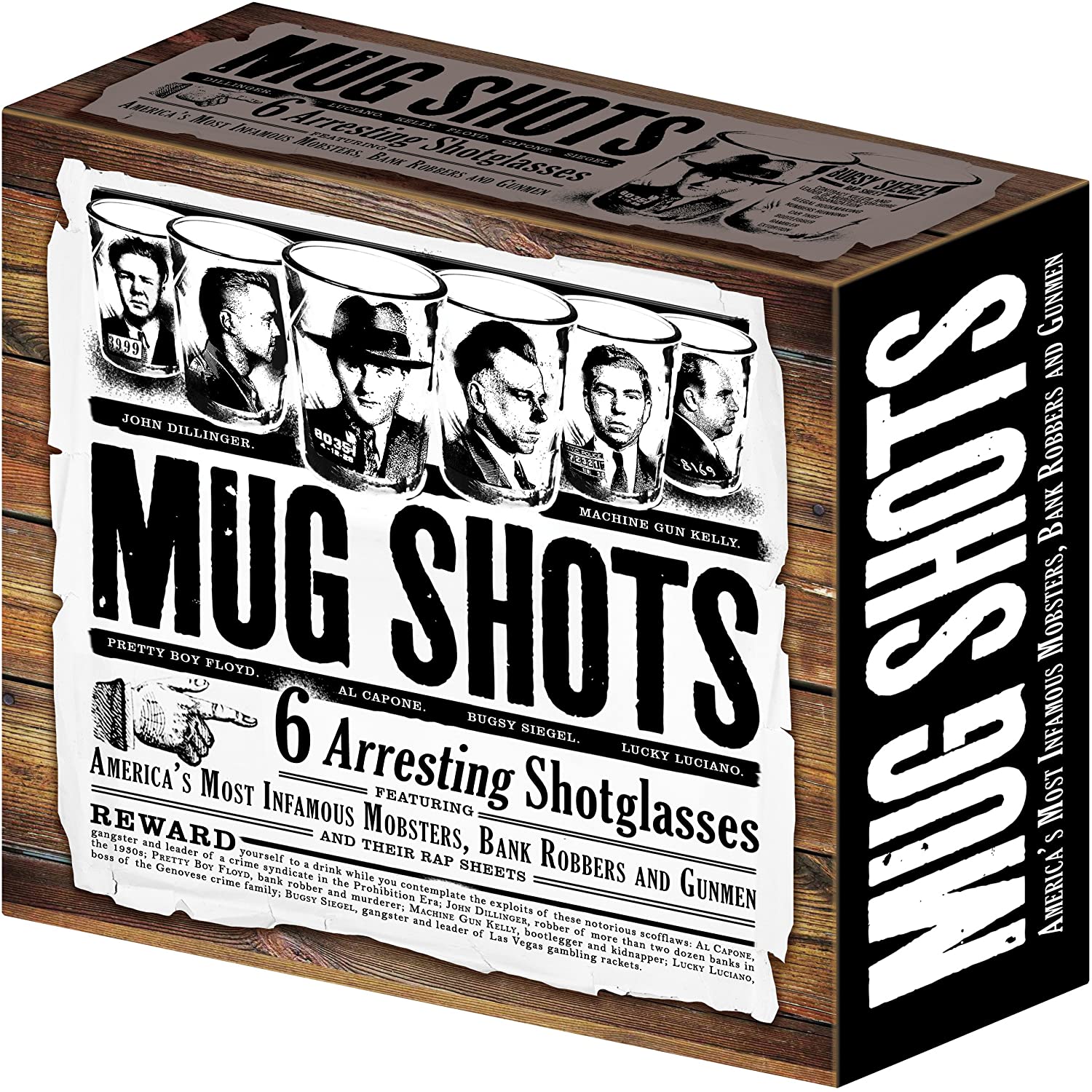 Mug Shots - 6 Piece Shot Glass Set of Famous Gangster Mugshots - Comes in a Colorful Gift Box - e4cents