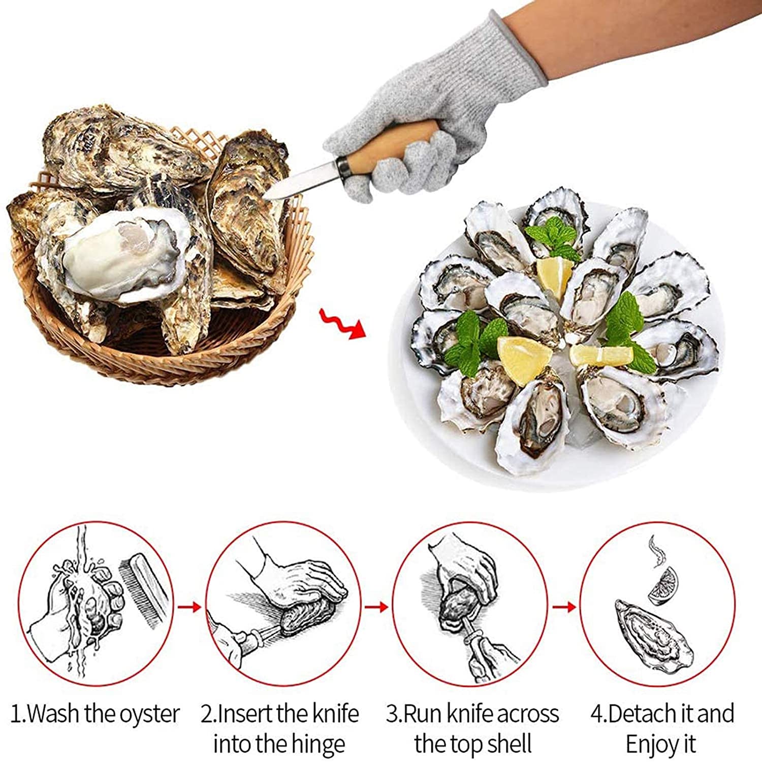 Oyster Shucking Opener Tool  with Level 5 Protection Cut Resistant Gloves.