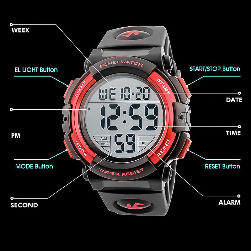 Men's Large Face Digital Outdoor Sports Waterproof Watch LED Luminous Alarm Stopwatch Simple Army.
