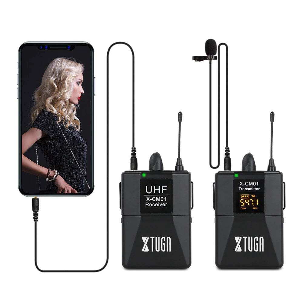 XTUGA CM01 UHF Wireless Lavalier Microphone UHF Lapel Mic System with 16 Selectable Channels (LNC)