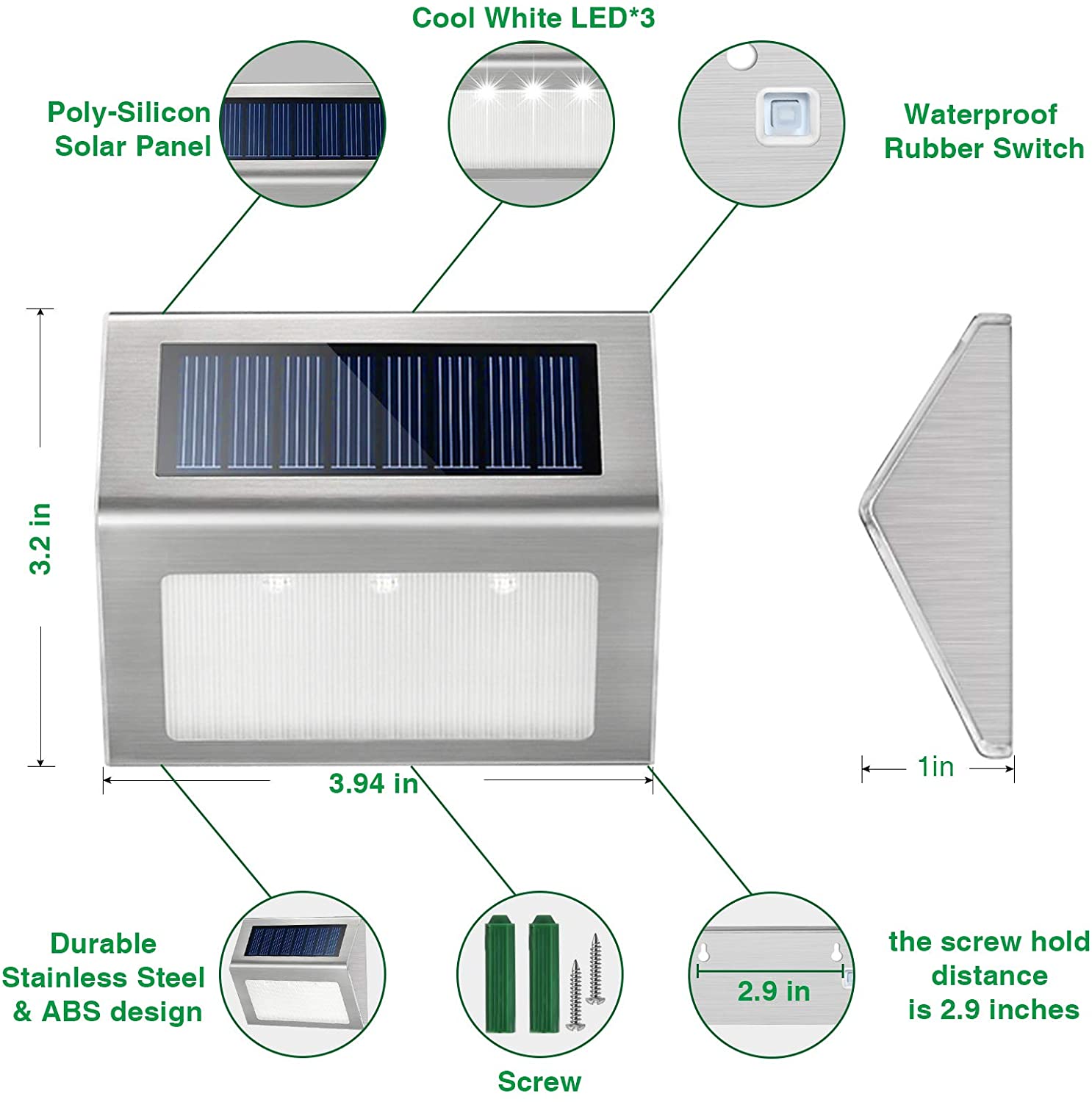 Solar Deck Lights Outdoor JSOT [Warm Light] Bright Fence Light with Light Sensor Waterproof Stainless Steel - e4cents