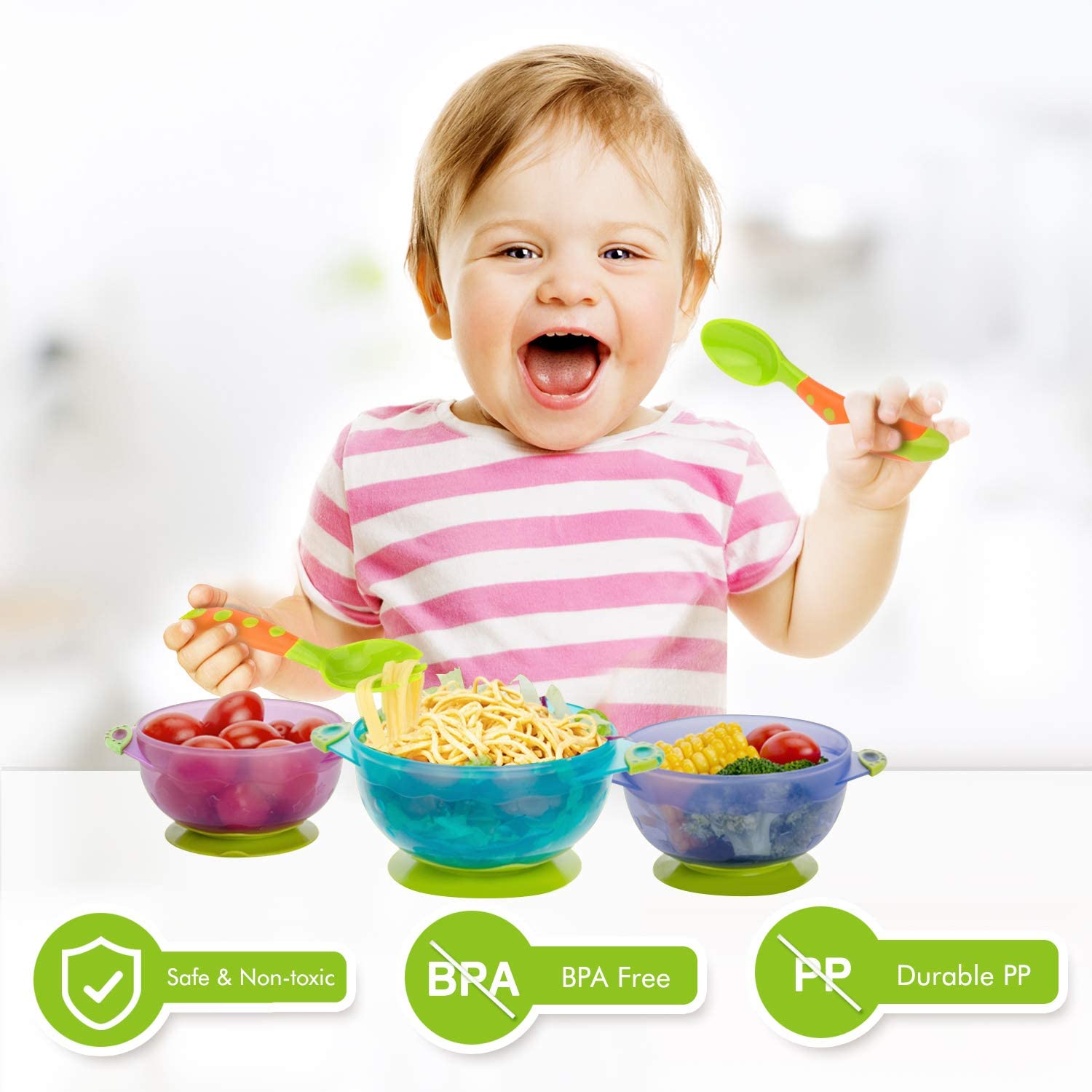 Zooawa Baby Suction Bowls + Fork Spoon Set, 3 Pack Nonslip Spill Proof BPA-Free Feeding Bowls with Lids.