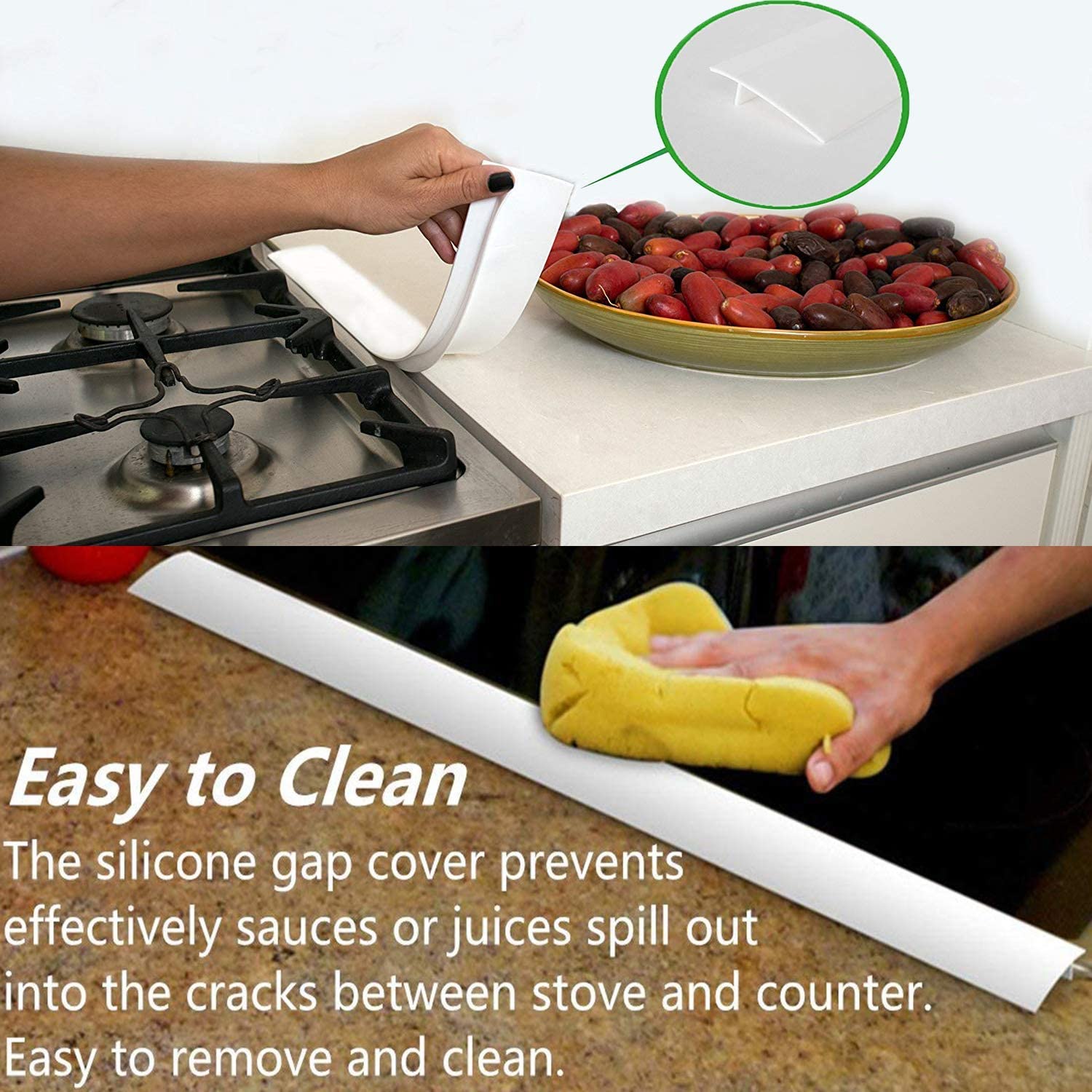 Silicone Gap Cover, (2 Pack) Silicone Gap Stopper Kitchen Stove Counter Gap Covers. (21Inches, Tranparent White).