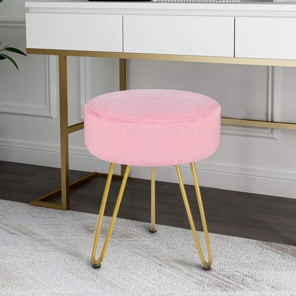 Velvet Footstool Ottoman Round, Modern Footrest Stool - (Pink).