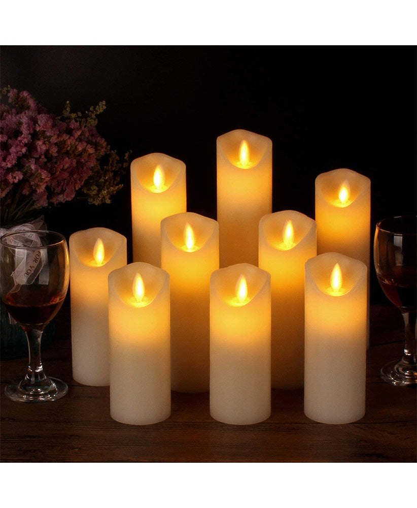 Flameless Candles Set of 9 Ivory Dripless Real Wax Pillars Include Realistic Dancing LED Flames  -(LNC)
