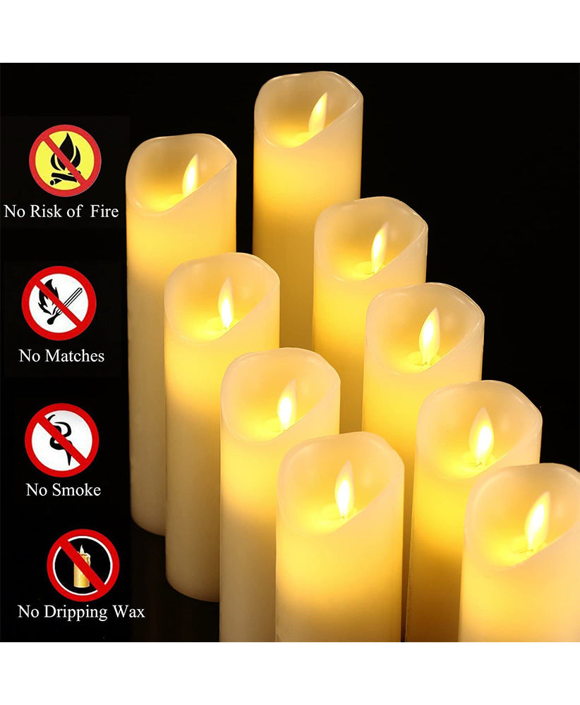 Flameless Candles Set of 9 Ivory Dripless Real Wax Pillars Include Realistic Dancing LED Flames  -(LNC)