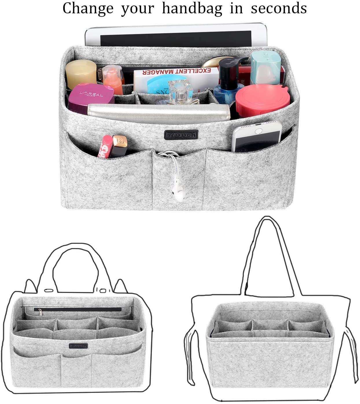 Ropch Multi Pockets Felt Handbag Liner Purse Insert Tote Bag Organizer.