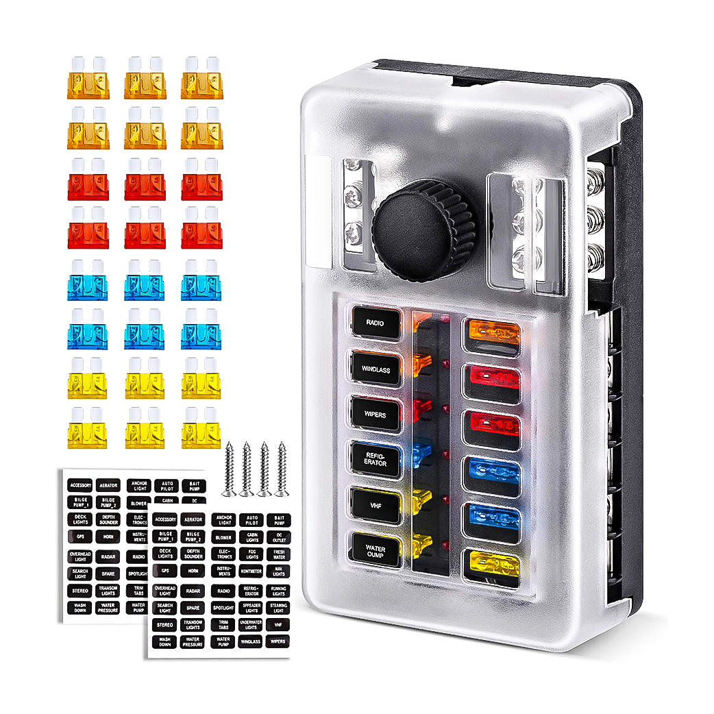 Extractme Upgraded 12 Way Fuse Block Box with Thumbscrew and LED Indicator -NO PINS -  (LNC)