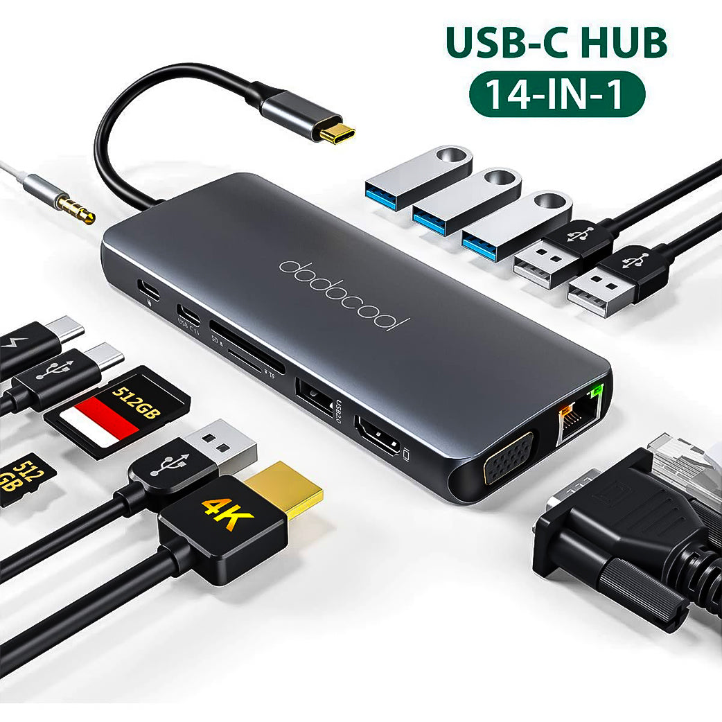 USB C Hub 14in1 MacBook Pro Adapter 4K HDMI/ VGA/ RJ45 Gigabit Ethernet/ 3.5mm Audio Output/ 100W PD/ 3 USB. (LNC)