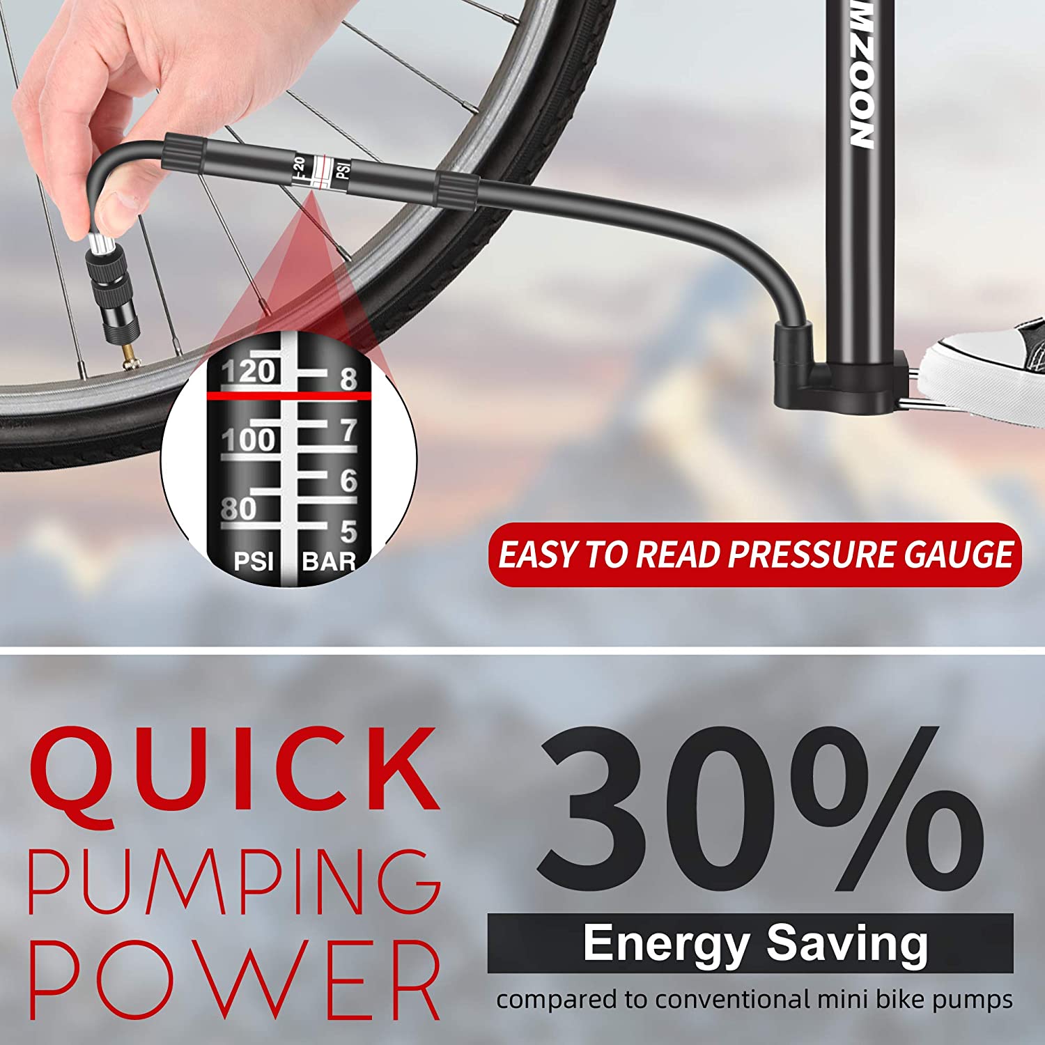 AMZOON Bike Pump Mini Bicycle Pump with Pressure Gauge. (LNC)