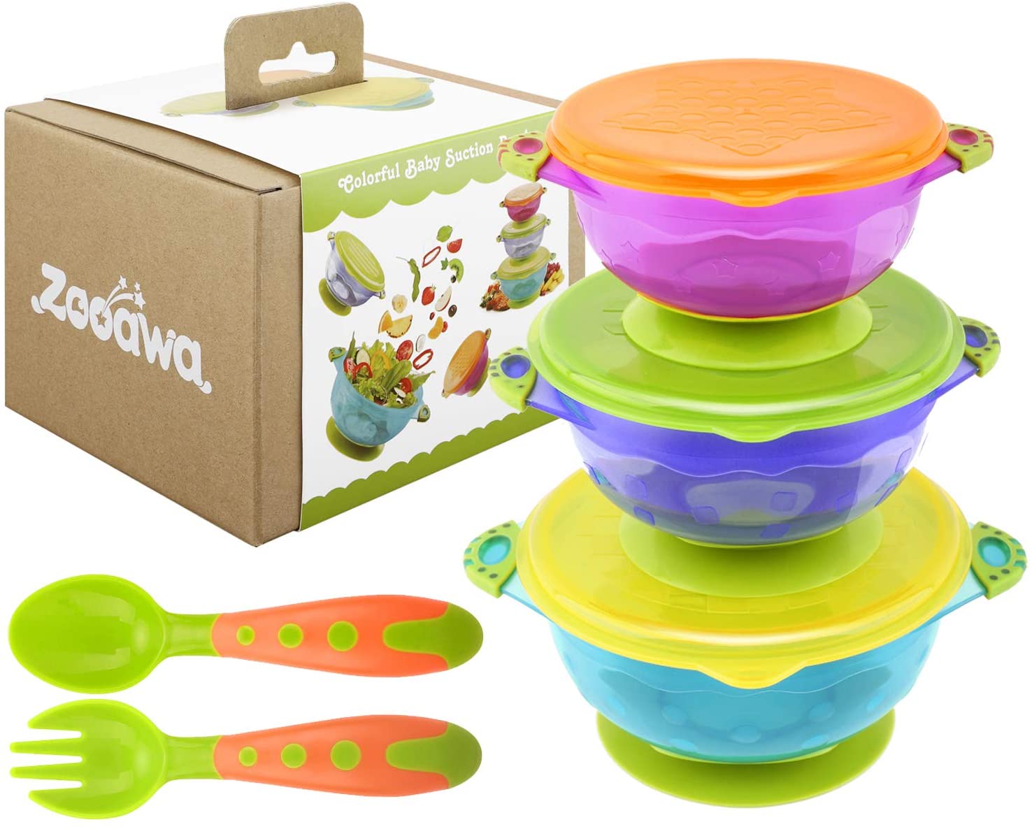 Zooawa Baby Suction Bowls + Fork Spoon Set, 3 Pack Nonslip Spill Proof BPA-Free Feeding Bowls with Lids.