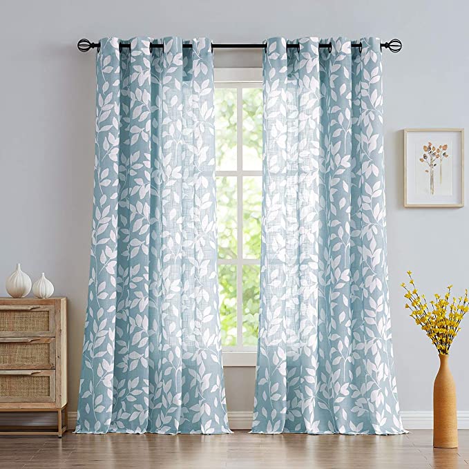 White and Blue Curtains for Bedroom 72" Length Semi-Sheer Print Leaf Curtains for Living Room Windows, Deep Blue Grommet