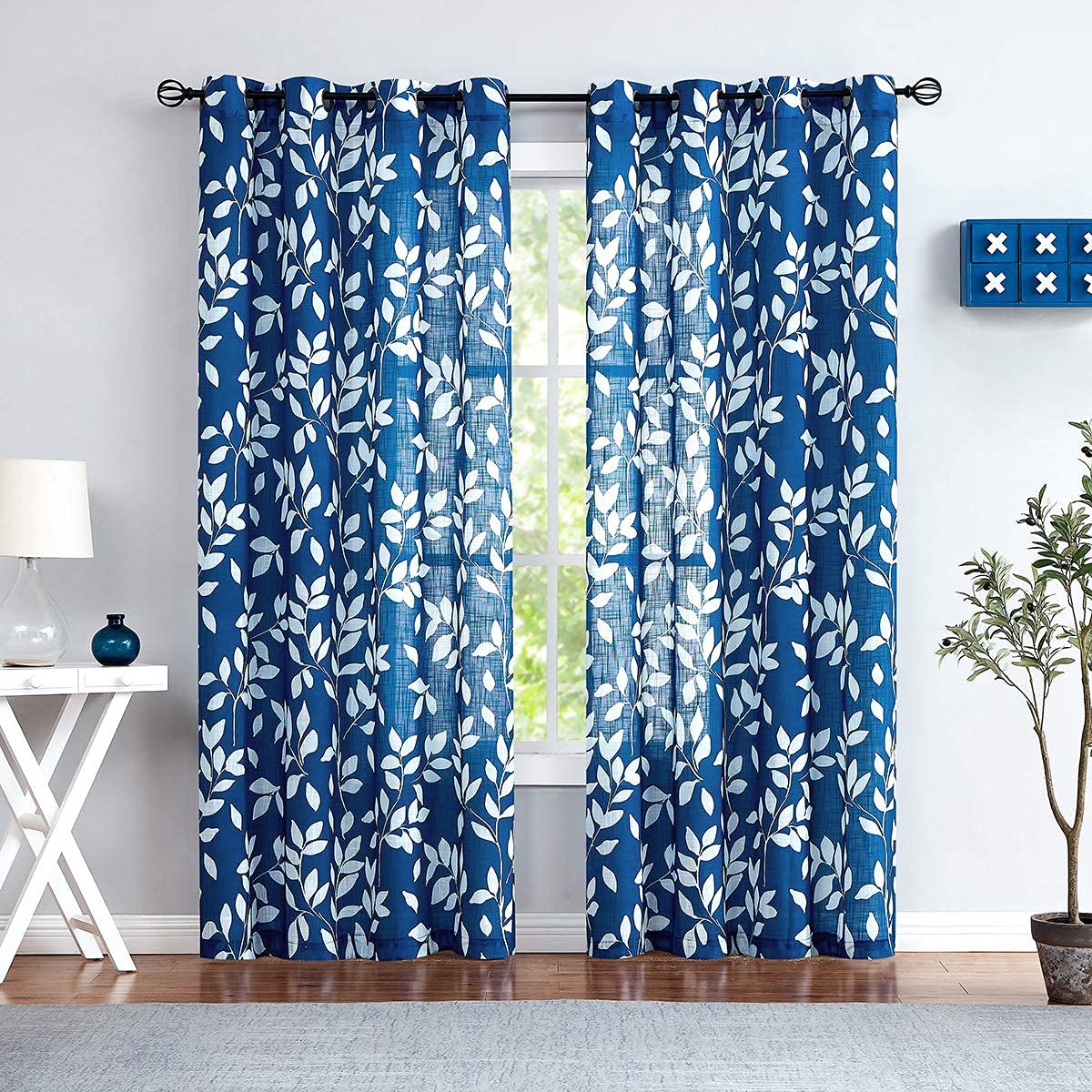 White and Blue Curtains for Bedroom 72" Length Semi-Sheer Print Leaf Curtains for Living Room Windows, Deep Blue Grommet