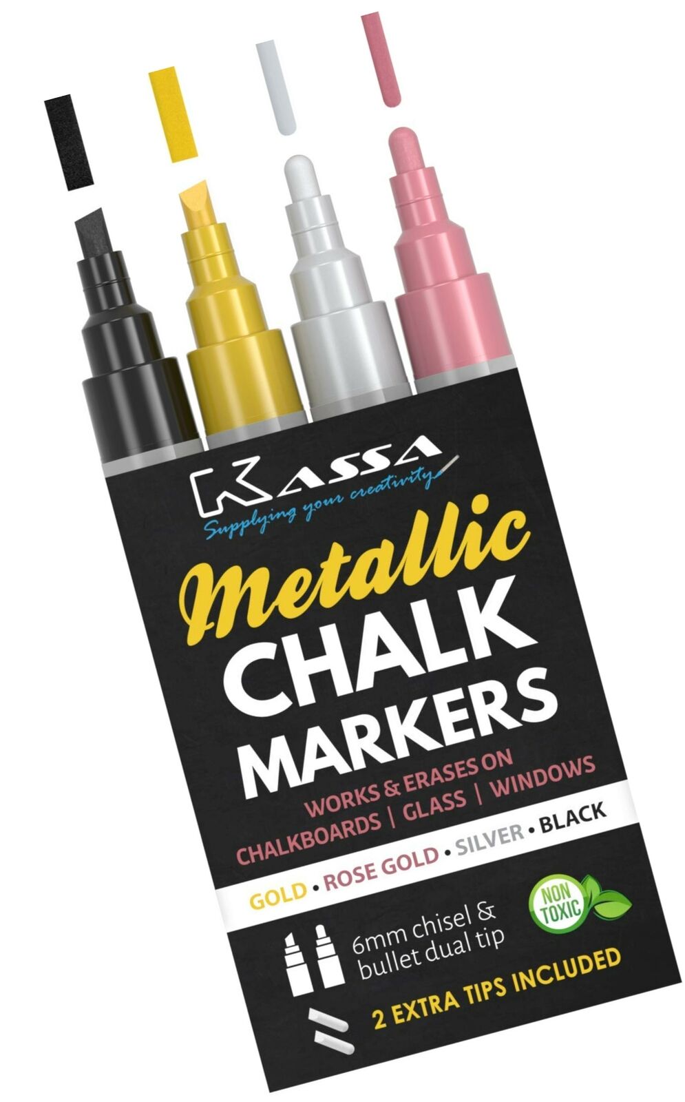 Kassa Metallic Liquid Chalk Markers for Blackboards (Gold, Rose Gold, Silver ,Black) - e4cents